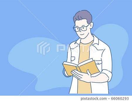 Young happy man wearing eyeglasses reading book and smiling. Hand drawn in thin line style, vector illustrations. Young happy man wearing eyeglasses reading book and smiling. Hand drawn in thin line style, vector illustrations. 66060293
