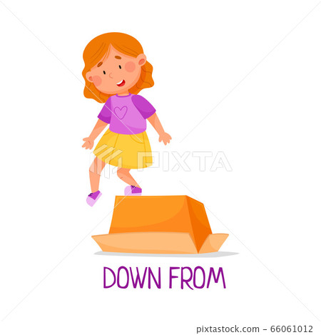 Little Red Haired Girl Stepping Down From Carton Box as Preposition of Movement Vector Illustration 66061012