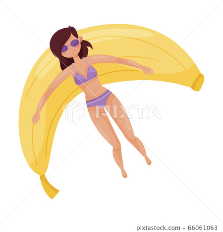 Woman Character Floating on Rubber Inflatable Raft of Banana Shape in Swimming Pool Vector Illustration 66061063