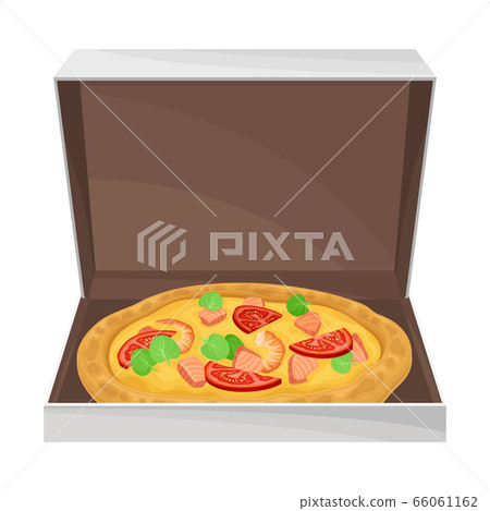 Hot Pizza with Seafood and Vegetables Packed in Carton Box Vector Illustration 66061162