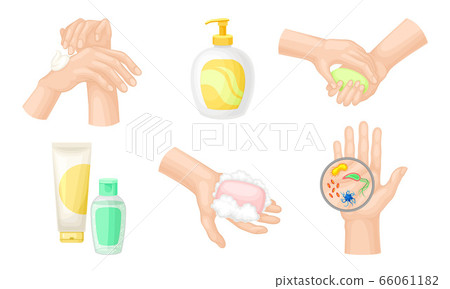 Hand Washing and Cleansing Using Bar of Soap and Soap Dispenser Vector Illustrations Set Hand Washing and Cleansing Using Bar of Soap and Soap Dispenser Vector Illustrations Set 66061182