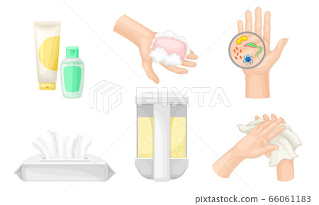Hand Washing and Cleansing Using Bar of Soap and Soap Dispenser Vector Illustrations Set Hand Washing and Cleansing Using Bar of Soap and Soap Dispenser Vector Illustrations Set 66061183