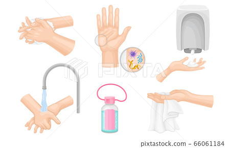 Hands Washing and Cleansing Using Soap Dispenser and Antibacterial Wet Wipes Vector Illustrations Set 66061184