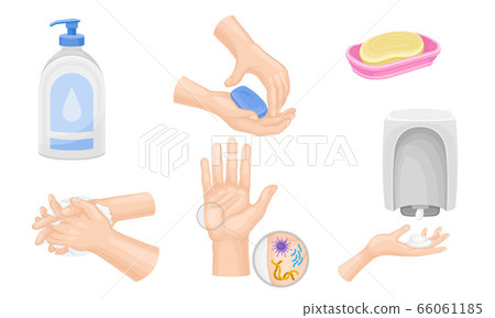 Hand Washing and Cleansing Using Bar of Soap and Soap Dispenser Vector Illustrations Set Hand Washing and Cleansing Using Bar of Soap and Soap Dispenser Vector Illustrations Set 66061185