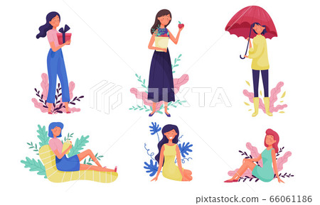 Young Woman Walking and Sitting Reading Book with Floral Twigs and Branches Behind Vector Illustration Set Young Woman Walking and Sitting Reading Book with Floral Twigs and Branches Behind Vector Illustration Set 66061186