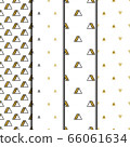 Gold triangles patterns set on white background. Abstract seamless repeating patterns. Minimal design with golden glittering geometric shapes. Vector illustration. 66061634