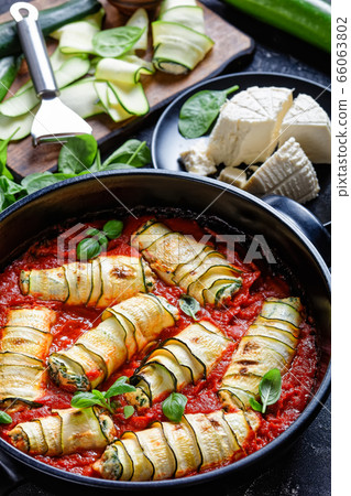 Keto diet dish of rolled zucchini with ricotta Keto diet dish of rolled zucchini with ricotta 66063802