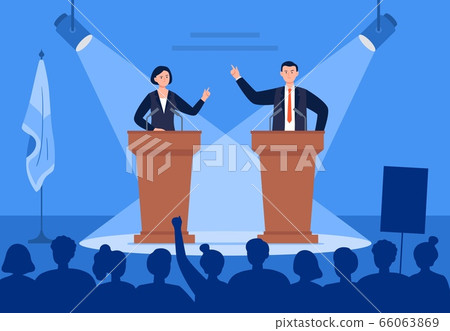 Man and woman candidates are discussing on stage. 66063869