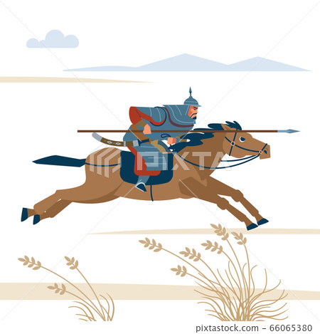 Mongol rider. Medieval battle historical illustration. Vector flat isolated illustration Mongol rider. Medieval battle historical illustration. Vector flat isolated illustration 66065380