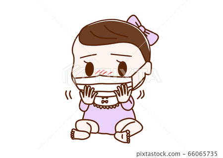 Sitting baby girl hating masks for prevention 66065735