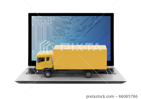 Yellow cargo delivery truck on laptop isolated on white background Yellow cargo delivery truck on laptop isolated on white background 66065766