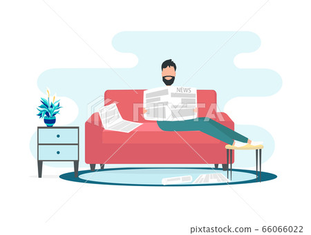 Flat style vector illustration of man reading newspaper on comfy sofa in living room 66066022