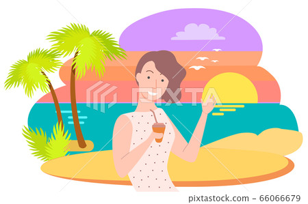 Woman with Beverage on Island with Palms on Sunset 66066679