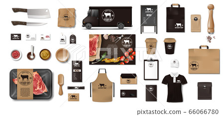 Variety of food in the butcher shop. Restaurant Brand Identity mockup set. Branding packaging elements meat, steak, uniform, menu, delivery van, knife, supermarket food in pack. Vector Variety of food in the butcher shop. Restaurant Brand Identity mockup set. Branding packaging elements meat, steak, uniform, menu, delivery van, knife, supermarket food in pack. Vector 66066780