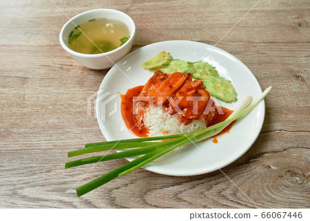 roasted pork slice topping on plain rice dressing sweet red gravy sauce on plate 66067446