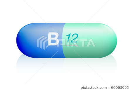 B12 pill, symbolic for artificial, synthetic or natural supplement for vegetarians and vegans to prevent lack of vitamins. Illustration, white background. 66068005