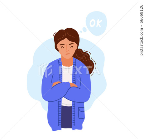 Indifferent woman standing arms crossed and saying ok. Indifferent woman standing arms crossed and saying ok. 66069126