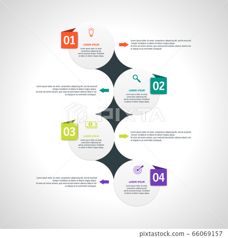 Vector infographics template with four options in material design style. It can be used as a chart, numbered banner, presentation, graph, report, web etc. Vector infographics template with four options in material design style. It can be used as a chart, numbered banner, presentation, graph, report, web etc. 66069157