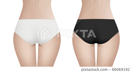 Beautiful woman s body in white and black bikini panties. Realistic vector template for design. Women health, intimate hygiene concept. Beautiful woman s body in white and black bikini panties. Realistic vector template for design. Women health, intimate hygiene concept. 66069192