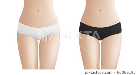 Beautiful woman s body in white and black bikini panties. Realistic vector template for design. Women health, intimate hygiene concept. 66069193