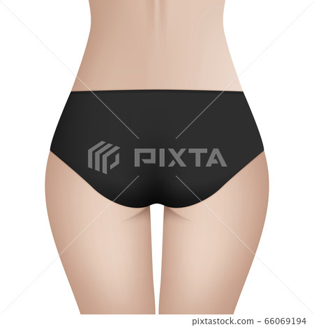 Beautiful woman s body in black bikini panties. Realistic vector template for design. Women health and intimate hygiene concept. 66069194