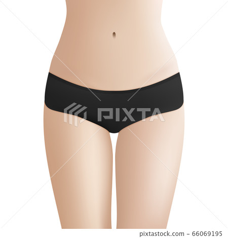 Beautiful woman s body in black bikini panties. Realistic vector template for design. Women health and intimate hygiene concept. Beautiful woman s body in black bikini panties. Realistic vector template for design. Women health and intimate hygiene concept. 66069195
