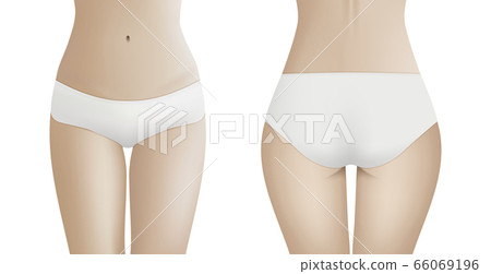Beautiful woman s body in white bikini panties. Realistic vector template for design. Women health and intimate hygiene concept. Beautiful woman s body in white bikini panties. Realistic vector template for design. Women health and intimate hygiene concept. 66069196