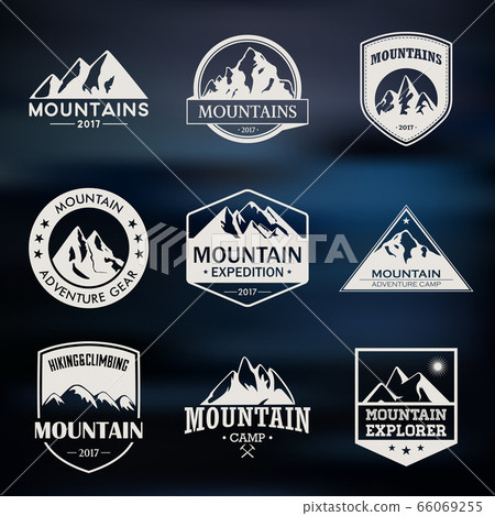 Mountain travel, outdoor adventures logo set. Hiking and climbing labels or icons for tourism organizations, events, camping leisure. Mountain travel, outdoor adventures logo set. Hiking and climbing labels or icons for tourism organizations, events, camping leisure. 66069255