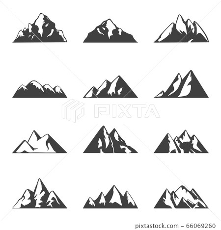 Vector mountain set. Simple black and white icons or design templates. Travel, hiking, camping theme. Vector mountain set. Simple black and white icons or design templates. Travel, hiking, camping theme. 66069260