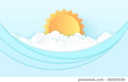 Seascape, cloudy sky with bright sun and sea, ocean waves, paper art style 66069389