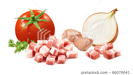 Amatriciana sauce ingredients. Tomato, onion, bacon and garlic isolated on white background Amatriciana sauce ingredients. Tomato, onion, bacon and garlic isolated on white background 66070041