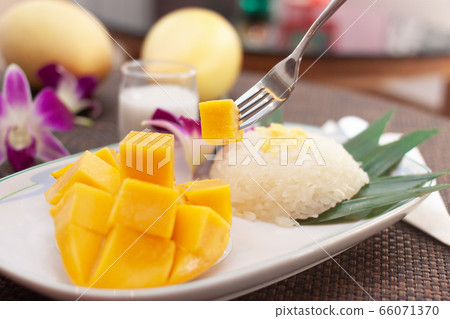 Sticky rice and sliced mango with coconut cream 66071370