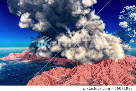 Volcanic eruption on island 3d rendering 66071982