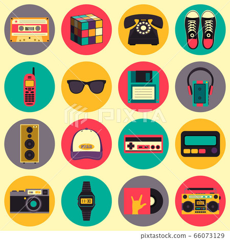 Vector old style equipments, accessories and things icons set. Old school collection in flat style. Design templates in EPS10. Vector old style equipments, accessories and things icons set. Old school collection in flat style. Design templates in EPS10. 66073129