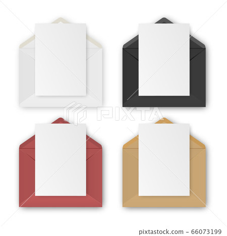 Blank realistic envelopes with paper isolated on white background, vector mockup set. Blank realistic envelopes with paper isolated on white background, vector mockup set. 66073199
