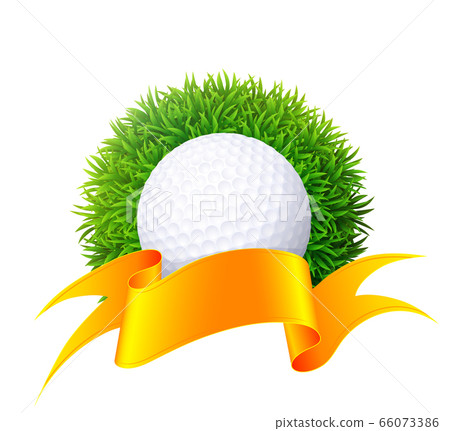 Ball for golf on green grass with gold ribbon. Ball for golf on green grass with gold ribbon. 66073386
