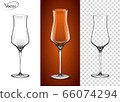 A glass for cognac and Armagnac. Empty glass on a transparent background and on a cognac background. Tableware for drinks made of glass. Realistic, highly detailed layout. 3d, vector. 66074294