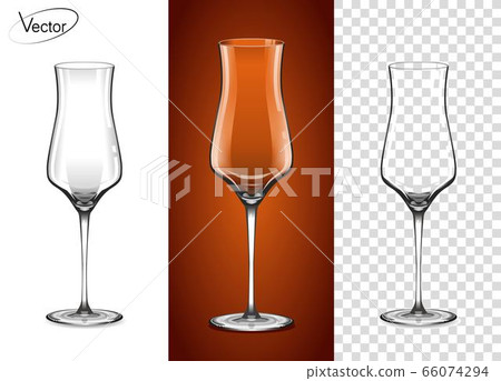 A glass for cognac and Armagnac. Empty glass on a transparent background and on a cognac background. Tableware for drinks made of glass. Realistic, highly detailed layout. 3d, vector. 66074294