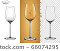Empty glass on a transparent background and on an amber background. Glass for white wine and champagne with bubbles. Tableware for drinks made of glass. Realistic, highly detailed layout. 3d, vector. 66074295