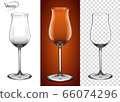 Realistic, highly detailed layout. The effect of 3d, vector. A glass for cognac and Armagnac. Empty glass on a transparent background and on a cognac background. Tableware for drinks made of glass. 66074296