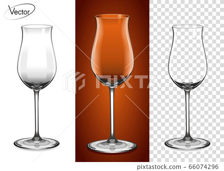 Realistic, highly detailed layout. The effect of 3d, vector. A glass for cognac and Armagnac. Empty glass on a transparent background and on a cognac background. Tableware for drinks made of glass. Realistic, highly detailed layout. The effect of 3d, vector. A glass for cognac and Armagnac. Empty glass on a transparent background and on a cognac background. Tableware for drinks made of glass. 66074296