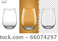 Tableware for drinks made of glass. Empty glass on a transparent background and on an amber background. Glass for white wine and champagne with bubbles. Realistic, highly detailed layout. 3d, vector. 66074297