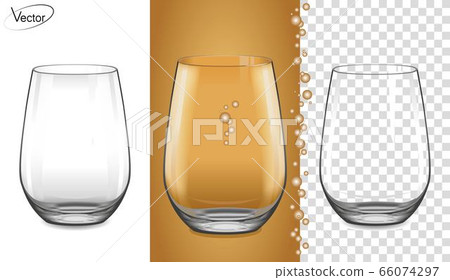 Tableware for drinks made of glass. Empty glass on a transparent background and on an amber background. Glass for white wine and champagne with bubbles. Realistic, highly detailed layout. 3d, vector. 66074297
