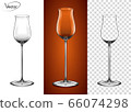 Empty glass on a transparent background and on a cognac background. Tableware for drinks made of glass. A glass for cognac and Armagnac. Realistic, highly detailed layout. 3d, vector. 66074298