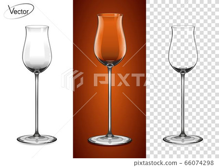 Empty glass on a transparent background and on a cognac background. Tableware for drinks made of glass. A glass for cognac and Armagnac. Realistic, highly detailed layout. 3d, vector. 66074298