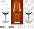 Realistic, highly detailed layout. A glass for cognac and Armagnac. Empty glass on a transparent background and on a cognac background. Tableware for drinks made of glass. The effect of 3d, vector. 66074299