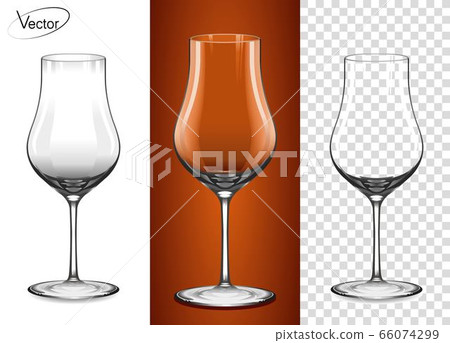 Realistic, highly detailed layout. A glass for cognac and Armagnac. Empty glass on a transparent background and on a cognac background. Tableware for drinks made of glass. The effect of 3d, vector. Realistic, highly detailed layout. A glass for cognac and Armagnac. Empty glass on a transparent background and on a cognac background. Tableware for drinks made of glass. The effect of 3d, vector. 66074299