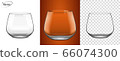 Empty glass on a transparent background and on a cognac background. Realistic, highly detailed layout. A glass for cognac and Armagnac. Tableware for drinks made of glass. The effect of 3d, vector. 66074300