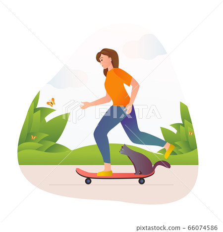 Girl with cat riding on a bicycle Girl with cat riding on a bicycle 66074586