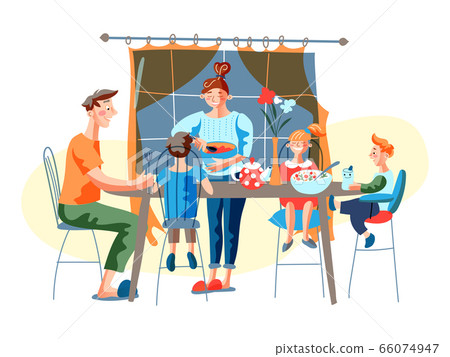 Happy family have dinner together at home cartoon 66074947
